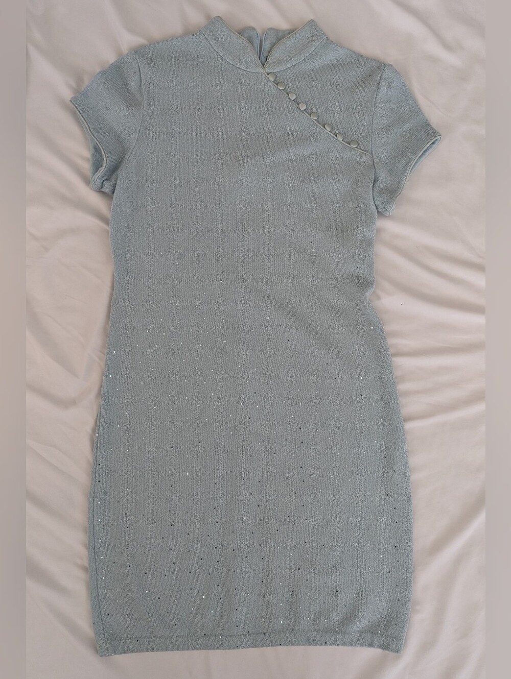 St John Evening Marie Gray Sparkle Pale Blue Knit Asian Midi Sheath Dress Sz 10 - Picture 2 of 15